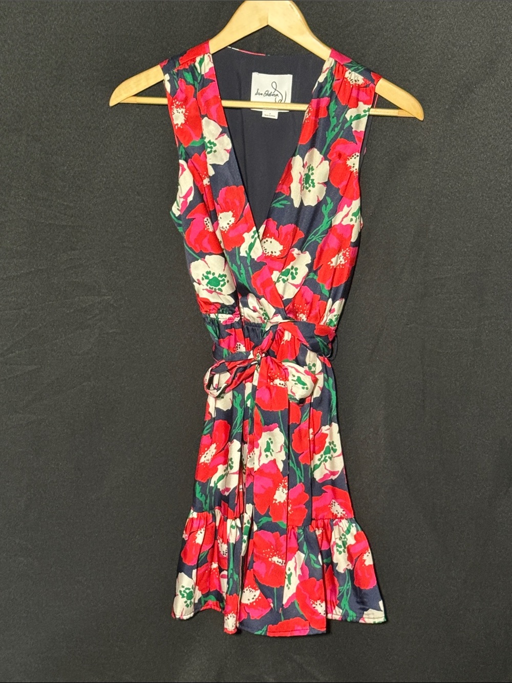 Floral Wrap Mini Dress in Navy with Red & Pink Blossoms